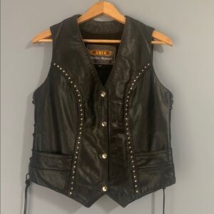 Unik Black Leather Vest with Silver Studs Motorcycle Biker Girls Size M Pockets